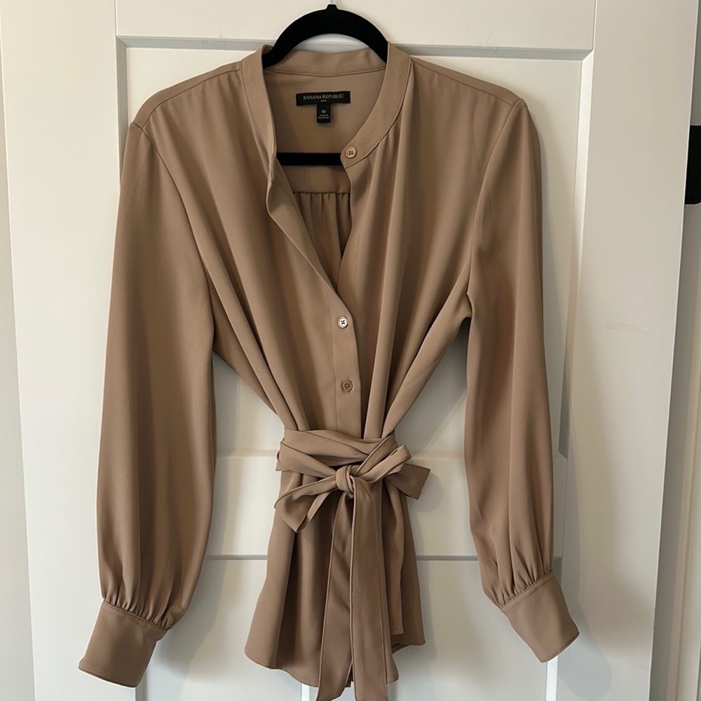 Banana Republic Tan Long Sleeve Blouse with Mandarin Collar